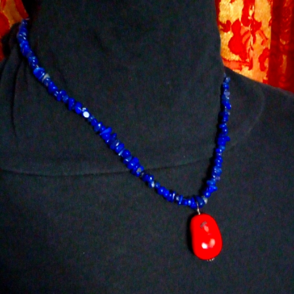 925 Sterling Lapis Lazuli Necklace with Red Stone Pendant